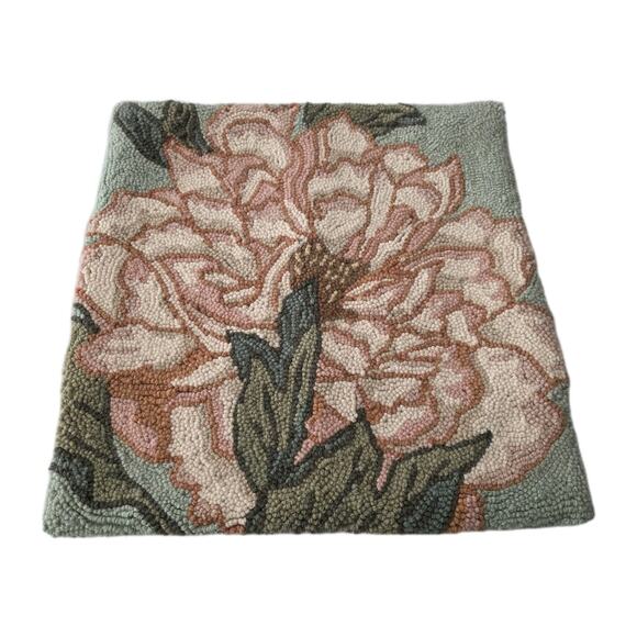 Grandin Road Floral Hooked Wool Throw Pillow Cover Zipper Velvet Flower 17" - Picture 1 of 7